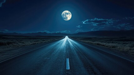 Straight empty desert road leads into distance beneath large full moon, flanked by dry shrubs and mountains, sky in deep twilight blue, suggesting solitude and remoteness. Generative by AI