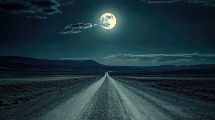 Straight empty desert road leads into distance beneath large full moon, flanked by dry shrubs and mountains, sky in deep twilight blue, suggesting solitude and remoteness. Generative by AI