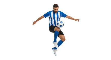 Soccer player in uniform kicking a soccer ball with his foot, isolated on transparent background
