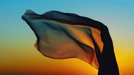 Translucent flag waves in the wind at sunset on a wide open square with low skyline, glowing sunlight reflecting across empty tiled surface. Generative by AI