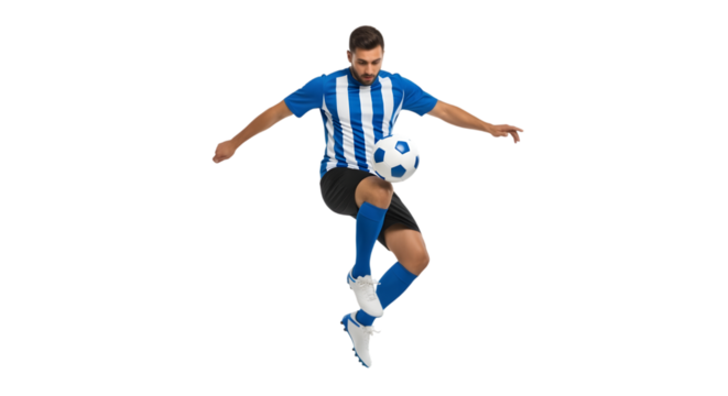 Soccer player in uniform kicking a soccer ball with his foot, isolated on transparent background - Powered by Adobe