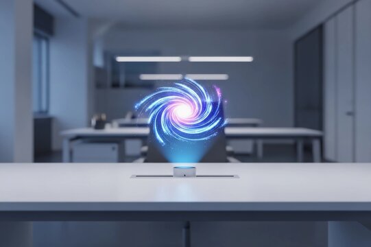 Futuristic Hologram Projection on Office Desk Digital Innovation