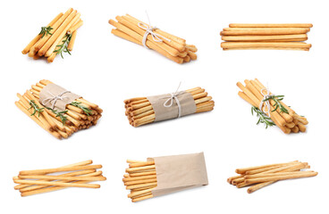 Delicious grissini sticks isolated on white, set