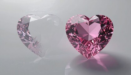 Two heart-shaped crystal gems, one clear and one pink, reflecting light on surface