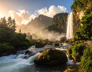 Majestic Waterfall Cascading Through Lush Mountain Landscape