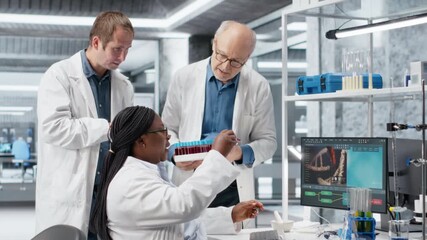 Colleagues examining a blood sample tube for analysis and testing, biotechnology research emphasizes genetics and molecular science. Advanced medicine and innovation in laboratory. Camera B. - Powered by Adobe