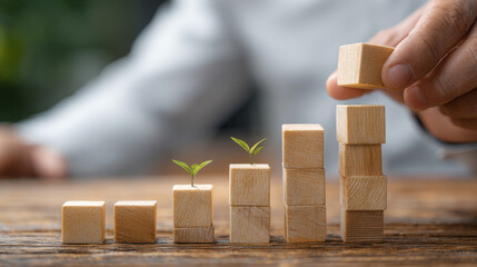 Unlocking Business Growth: Innovative Strategies for Success through Development and Sustainability with Wooden Blocks Representing Progress and Investment