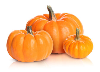 Three fresh orange pumpkins isolated on white