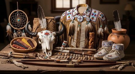 Cultural Exhibition, Native American Artifacts, Museum, Still Life, Indoor, Close-up, Heritage and Tradition