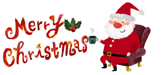 切り絵風のおしゃれなメリークリスマスのロゴとコーヒーを飲んでリラックスするサンタクロース