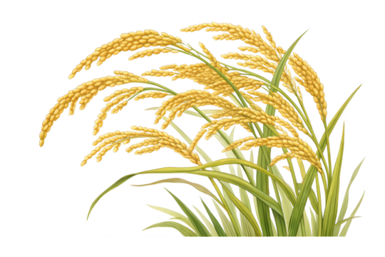 Golden rice stalks with green leaves on transparent background