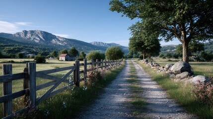 Scenic Country Road Through Green Hills with Blue Sky and Wooden Fence in HDR Landscape
