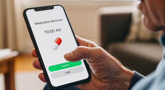 Senior man confirming a medication reminder on a smartphone healthcare app, close-up of the hand and the phone's screen