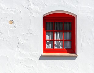 Clean white building facade with single red window accent.