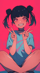 little anime girl smiling and sitting vertical background