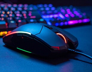 RGB-lit gaming mouse and mechanical keyboard on dark desk, close-up tech mood.