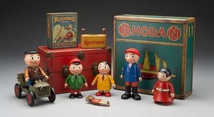 Vintage Toy Collectibles Display, Classic Figurines, Nostalgic Setting, Photo Showcase, Indoor Studio, Close-Up View, Childhood Memories