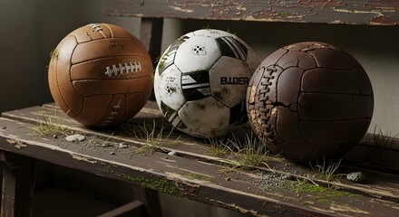 Sporting Action, Vintage Footballs, Abandoned Bench, Still Life, Indoor Environment, Close-Up View, Nostalgia and Heritage