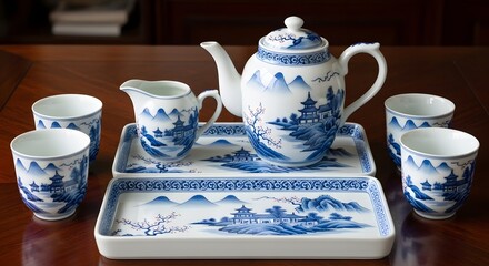 Elegant Tea Service Displaying Blue and White Porcelain Teapot, Cups, and Trays on Wooden Table, Traditional Culture, Still Life Perspective