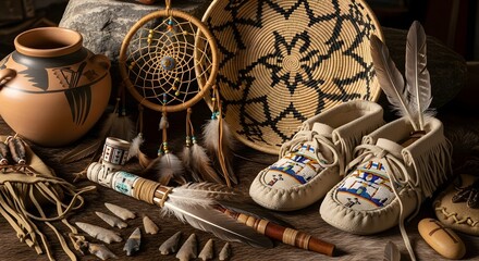 Native American Artifacts Display, Museum Exhibit, Indoor Environment, Artistic Perspective, Cultural Significance