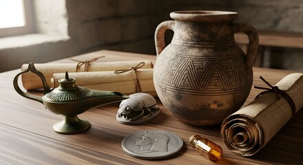 Ancient Artifacts Discovery, Antique Items, Archaeological Site, Still Life, Indoor, Close-Up, Cultural Heritage