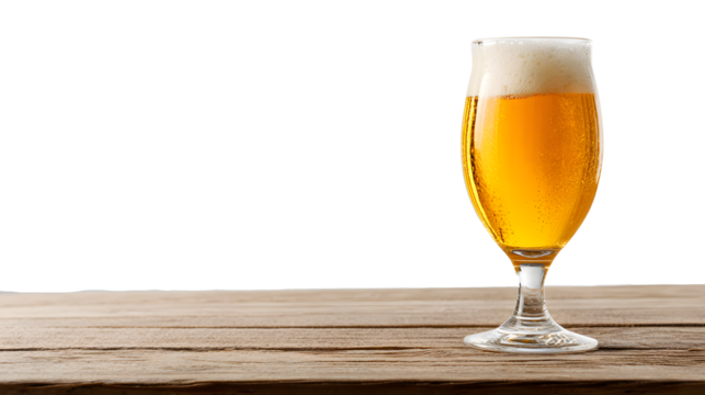 Refreshing golden beer with foamy head in elegant glass on rustic wooden table, ready to enjoy