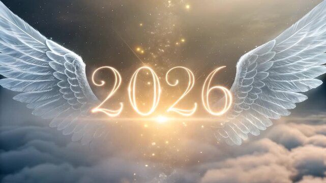 Illustration of heavenly 2026 new year with angel wings and glowing numbers in a serene sky background 4k hd video download