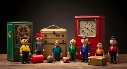 Vintage Toy Collection Display with Colorful Characters, Indoor Setting, Still Life Photography, Nostalgic Atmosphere