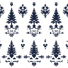 Obraz premium Indigo-dyed, repeating pattern of stylized fir trees and geometric shapes on a white background