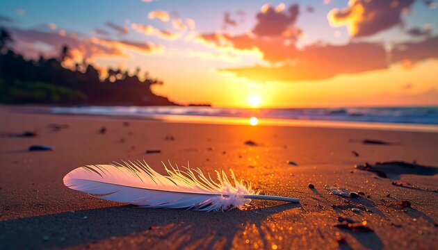 Serene sunset beach scene with single feather