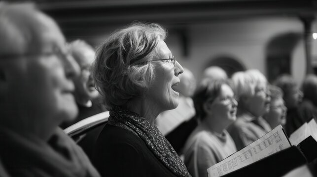 Elderly woman singing in a choir with group of diverse seniors holding sheet music, performing passionately in a community setting