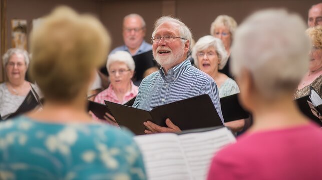 Senior choir group singing together in a community event with joyful expressions and diverse elderly participants