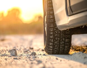 A car tire on a sandy dirt road at sunset