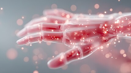 Macro View of Futuristic Cybernetic Hand Glowing with Holographic Details on a Gray Background