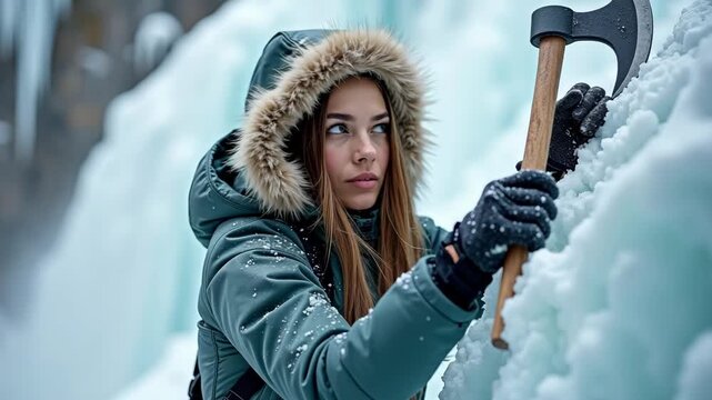 Woman in a fur-trimmed hooded jacket holding an ice axe outdoors