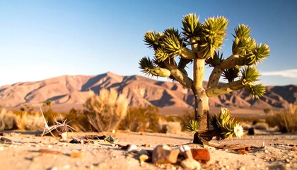 Joshua tree in a desert landscape with blurred mountains and rocks in the foreground
