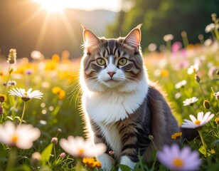 A cat amidst a vibrant flower meadow at sunset