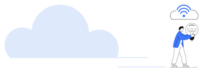 Man holding illuminated lightbulb linked to cloud with wireless signal. Ideal for technology, innovation, creativity, cloud computing, smart solutions, data sharing, digital transformation. Simple