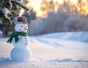 Obraz premium Snowman in winter wonderland at sunset