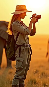Person using binoculars in a sandy landscape with elephants in the distance