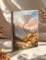 A cd case with a mountain and flower design