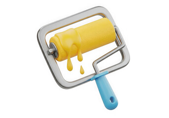 3d icon of 3d yellow paint roller with dripping paint isolated on transparent background