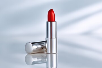 Elegant Red Lipstick, Open, with Silver Casing and Cap, Reflecting on a Bright Surface with Soft Shadows.