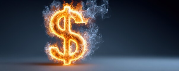 Global inflation forecasting concept. A fiery dollar sign symbolizing wealth and financial power, surrounded by smoke against a dark background.