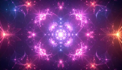 Abstract cosmic kaleidoscope illustration with glowing lights and vibrant color palette