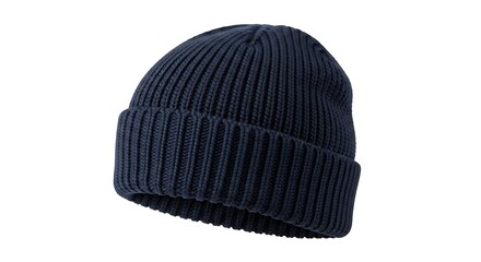Close-up of a Deep Navy Knitted Beanie, Ribbed Texture