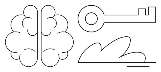 Line art of a brain, key, and cloud evoking ideas of learning, security, and modern tech concepts. Ideal for education, cybersecurity, creativity innovation data futurism ideas. Simple flat