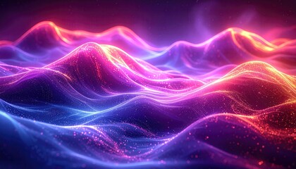 Abstract vibrant digital landscape with glowing waves and particle effects display