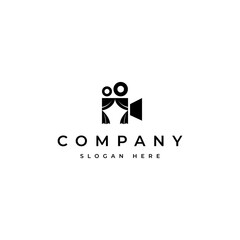 Videography movie camera logo with cinema curtain combination with unique flat design concept