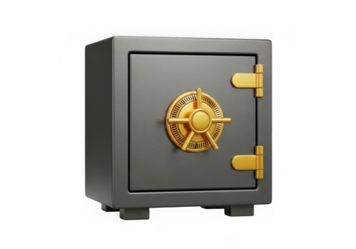 3d icon of small metal safe with gold dial isolated on transparent background